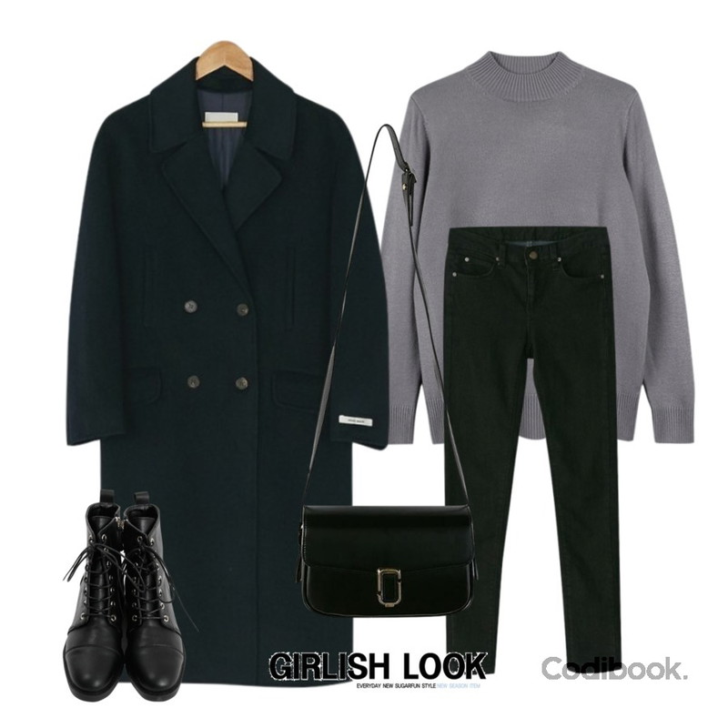 biznshoe Soft half neck knit (12color),BANHARU [hand made] daily double button coat,BANHARU enjoy napping black skinny등을 매치한 코디