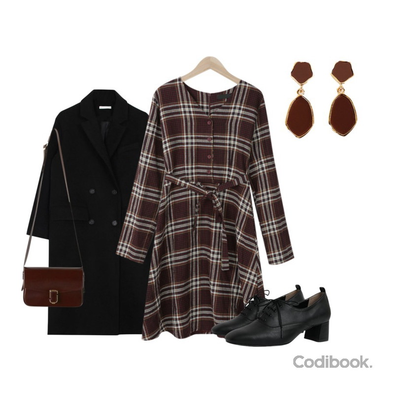 Monobabie [RL2051M] 비바론5cm,myblin 반오픈 체크 원피스,biznshoe Double button coat (3color)등을 매치한 코디