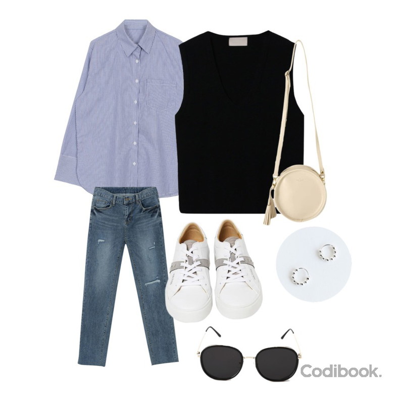 GIRL WARS 리비 박시 니트 베스트,biznshoe Thin stripe shirts (2color),myblin 커팅 스트레이트 진등을 매치한 코디