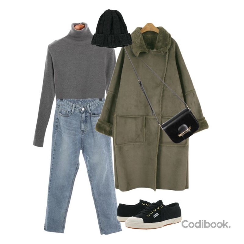 MINIBBONG 로페즈 무스탕코트 (데일리로 따뜻하고 멋스럽게. 추천!),ROCOSIX semi boyfit denim pants,ROCOSIX golgi highneck knit등을 매치한 코디