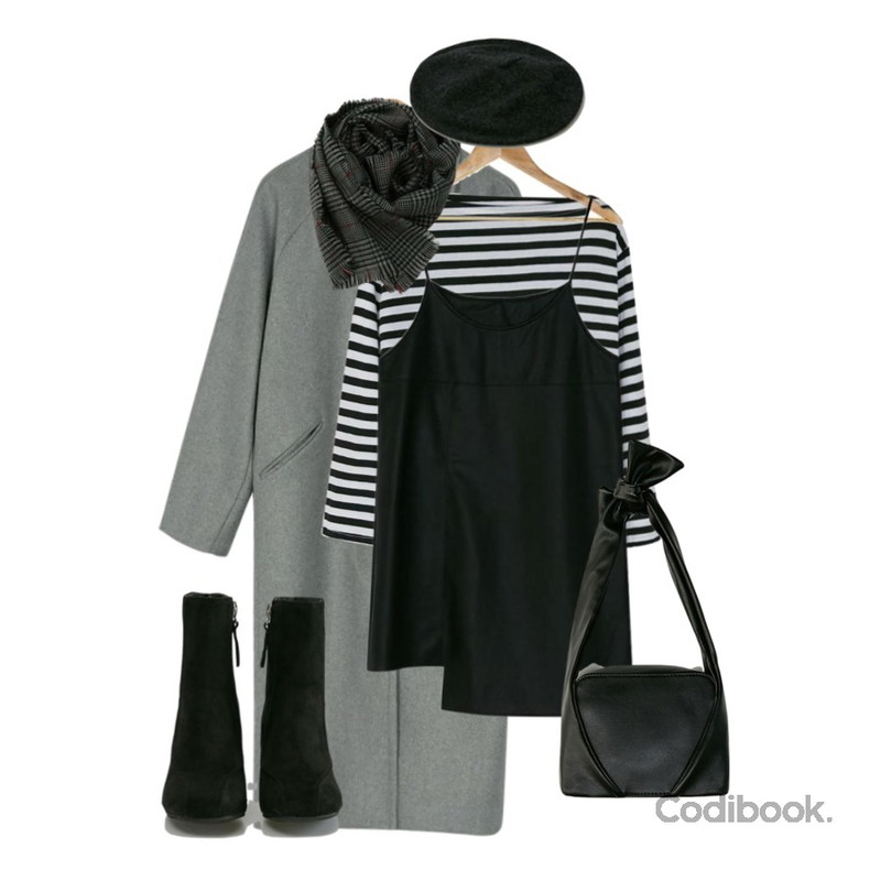 BANHARU boat neck stripe tee,BANHARU unbalance hem leather ops,BANHARU hidden button loose fit long coat등을 매치한 코디