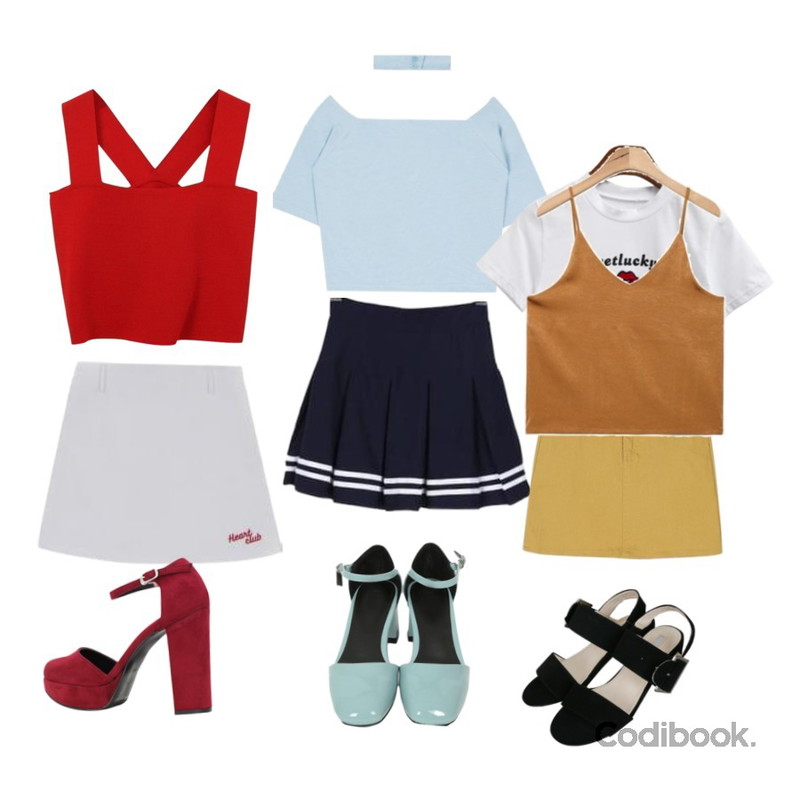 MIXXMIX ONLY MIX off shoulder top,HI RIT 하이딩_크롭나시티,MIXXMIX Heart Warm Cotton Skirt등을 매치한 코디