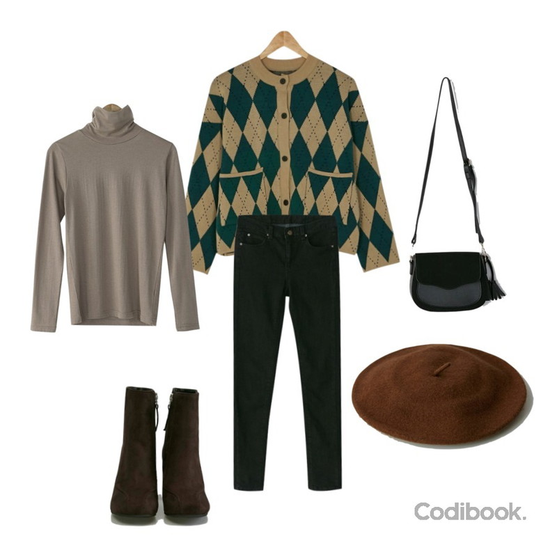 BANHARU argyle loose fit cardigan,BANHARU formal line ankle boots,BANHARU enjoy napping black skinny등을 매치한 코디