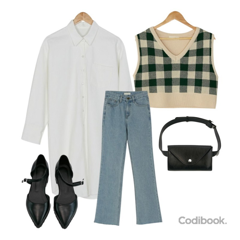 BANHARU v-neck check knit vest,BANHARU white plain long shirts,BANHARU square simply belt bag등을 매치한 코디