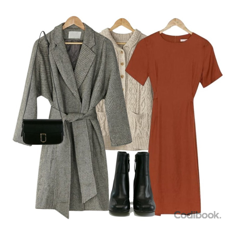 BANHARU simply midi color ops,BANHARU herringbone long wool coat,BANHARU twist collar cardigan등을 매치한 코디