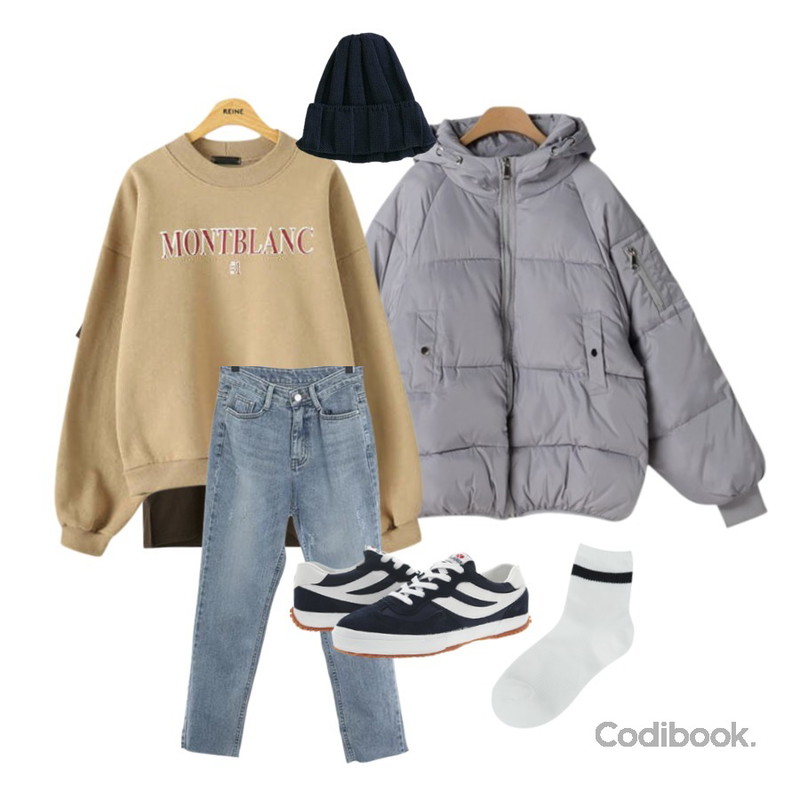 myblin 앵클 라인 골지 양말 (5color),OBBANG STYLE 쇼브웰론숏패딩점퍼,BANHARU napping dark color tee등을 매치한 코디