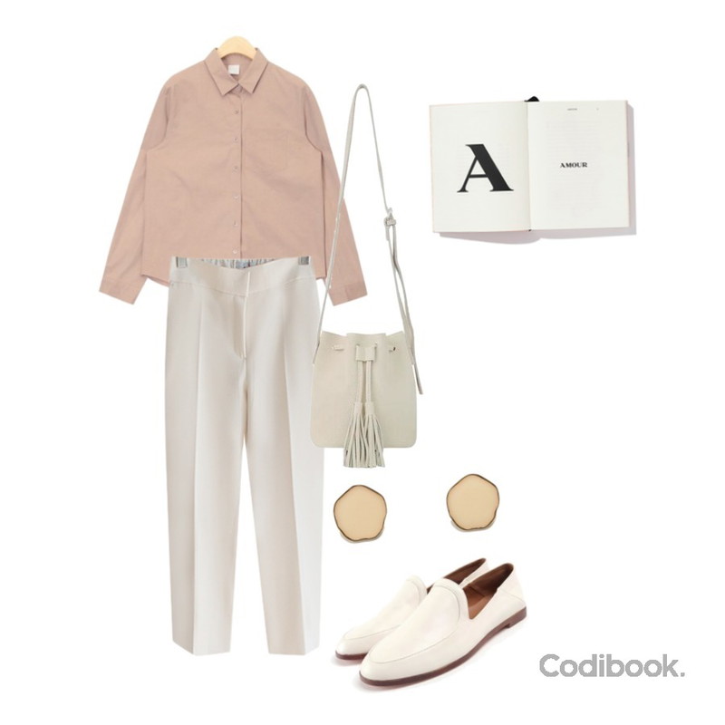 ROCOSIX daily wood loafer,JCOMMA 스텔라 밴딩 슬랙스,AIN simple point cotton shirts등을 매치한 코디