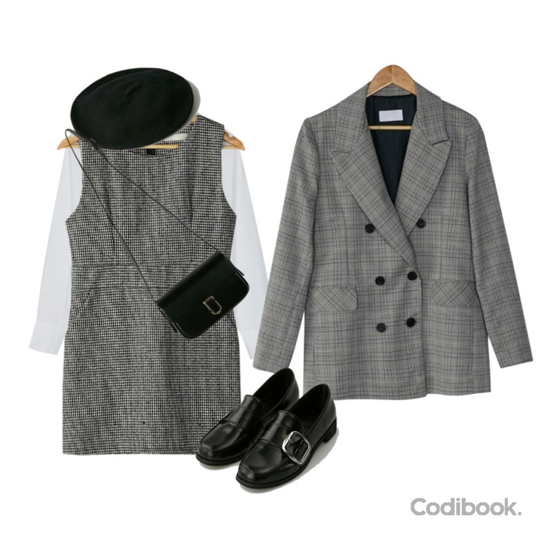 BANHARU glen check double jacket,BANHARU plain cotton shirts,BANHARU classic check mini ops등을 매치한 코디