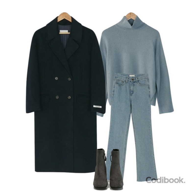 BANHARU maxi straight denim pants,BANHARU [hand made] daily double button coat,BANHARU angora basic turtle knit등을 매치한 코디