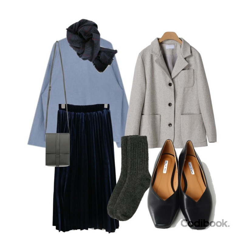OBBANG STYLE 홀그레인울자켓,daily monday Velvet comfortable pleats skirt,MIXXMIX 서울 와이드 하이넥등을 매치한 코디