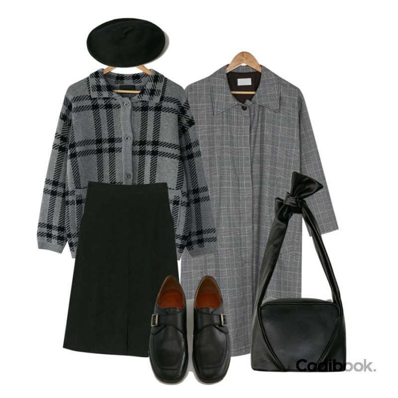 BANHARU tomboy hidden button coat,BANHARU wool check collar cardigan,BANHARU A-line banding midi skirt등을 매치한 코디