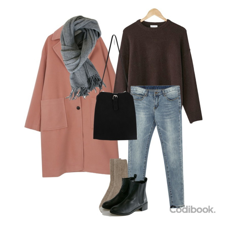 BANHALA 미투 팬츠,myblin 일자핏 포켓 코트 (4color),BANHARU round neck simple knit등을 매치한 코디