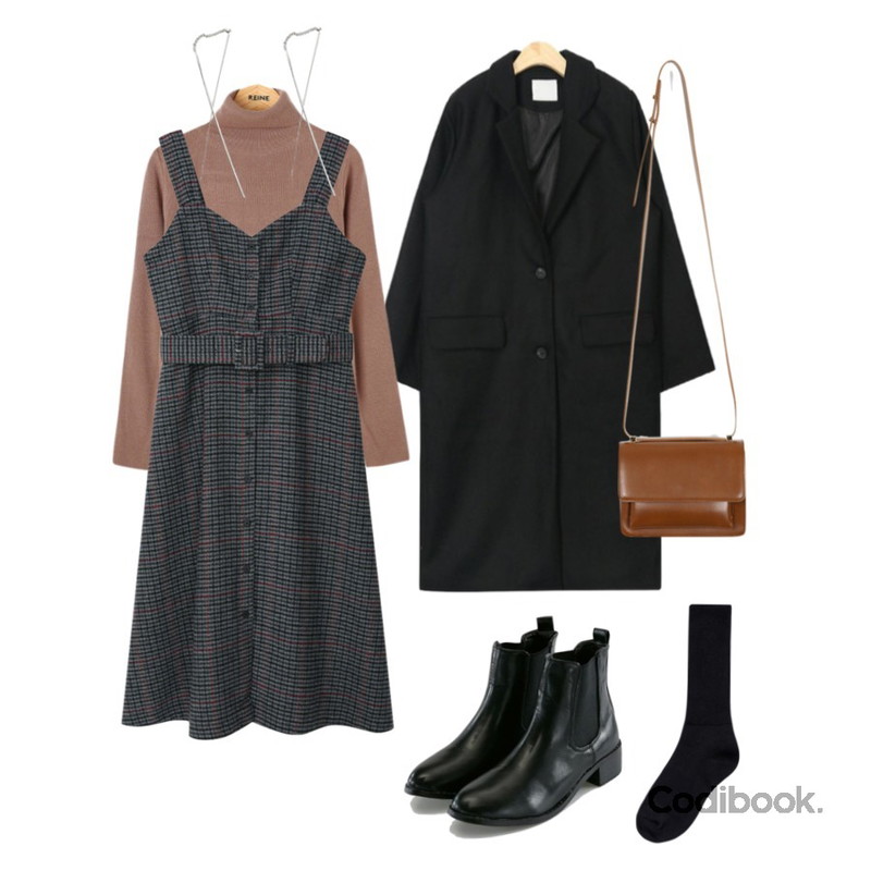 AIN wearing simple wool coat,Reine 오프닝 베이직 터틀 넥 니트,myblin 하운드 울 벨트 원피스등을 매치한 코디