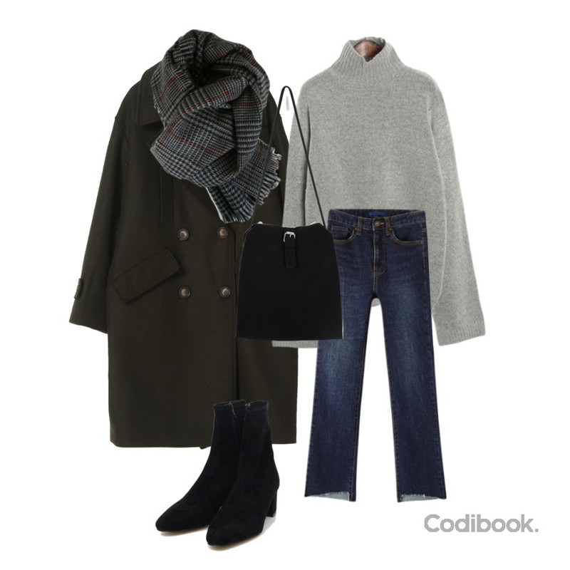 ROCOSIX warm tutle neck knit,Reine 홀리크 컷팅 스트레이트 데님 팬츠,OBBANG STYLE 비앙카더블울코트등을 매치한 코디