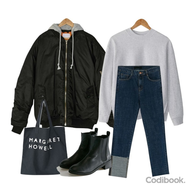 BANHARU best fit casual mtm,BANHARU unbalance hem pants,BANHARU boxy fit ma-1 jumper등을 매치한 코디