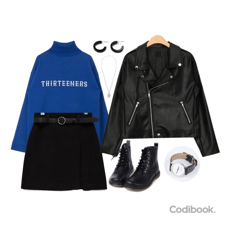 MIXXMIX High Neck Point Knit,AIN casual mood daily rider jacket,common unique [SKIRT] SOFT BELT SET SKIRT등을 매치한 코디