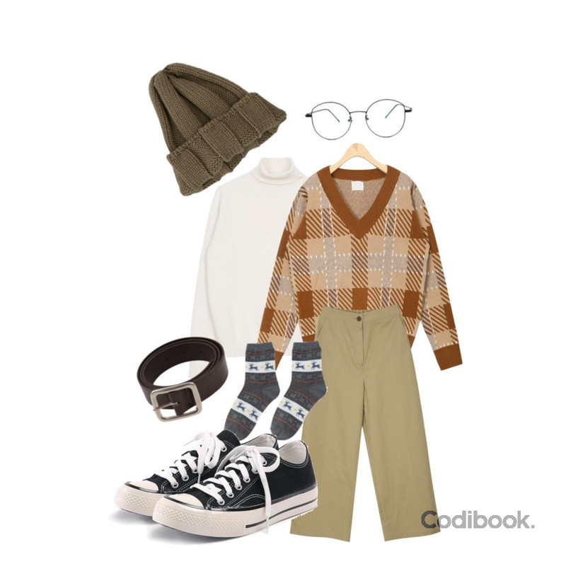 myblin 심플 코튼 와이드 팬츠,biznshoe Basic turtle-neck (3color),AIN unique check pattern v-neck knit등을 매치한 코디