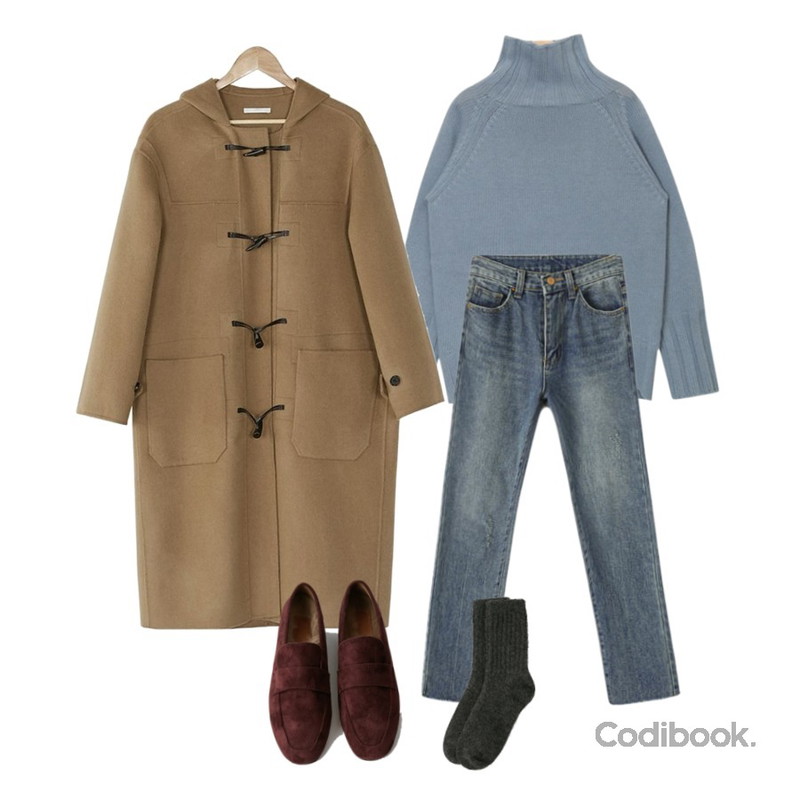 AIN issue turtle neck wool knit,Reine 모디슈 워싱 보이핏 데님,BANHARU [hand made] more duffle coat등을 매치한 코디