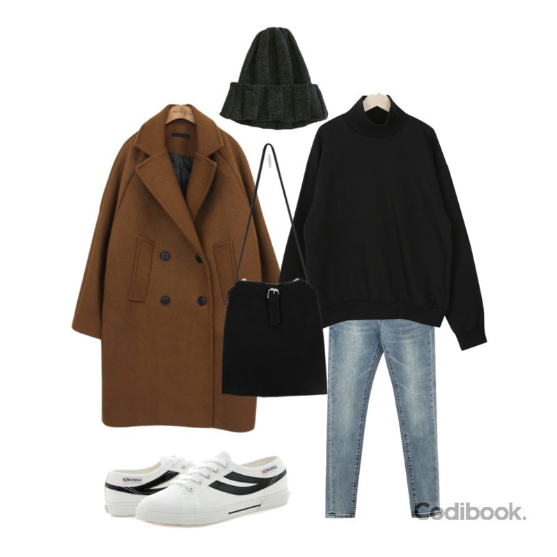 BANHALA 미투 팬츠,common unique [OUTER] SOME RAGLAN DOUBLE COAT,myblin 하이넥 코튼 맨투맨 (3color)등을 매치한 코디
