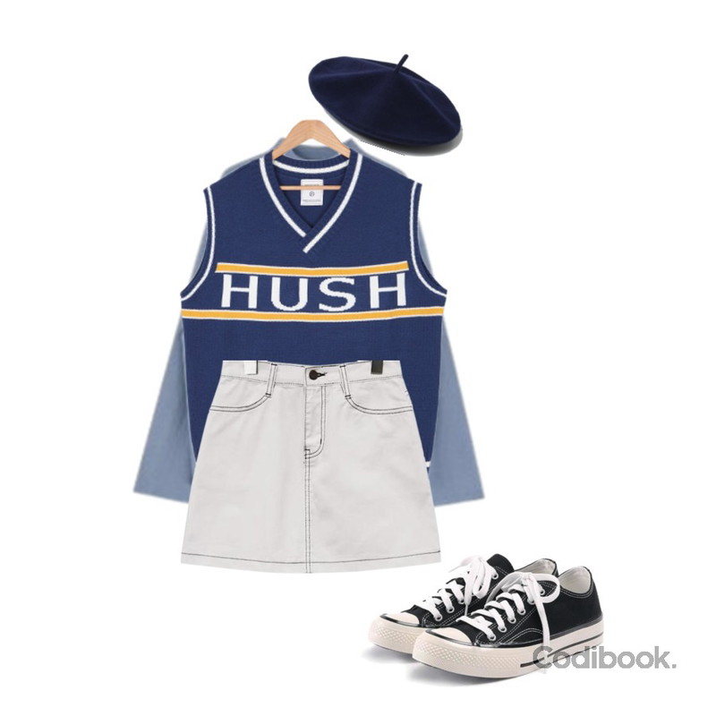 BULLANG GIRL 허쉬브이넥조끼,common unique [SKIRT] FAY STITCH MINI SKIRT,MIXXMIX 서울 와이드 하이넥등을 매치한 코디