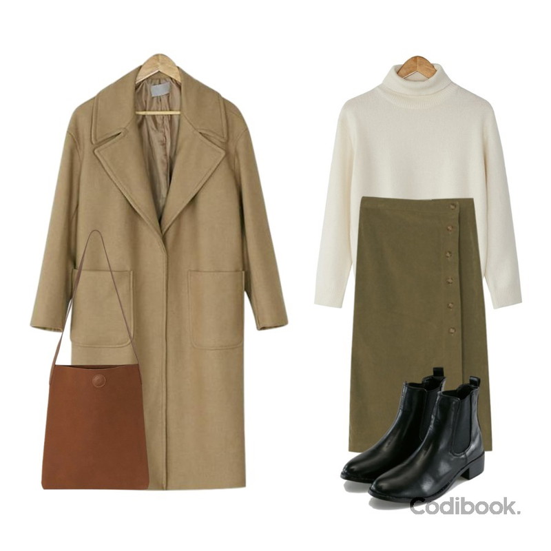 BANHARU wool turtleneck knit tee,BANHARU one button slim coat,BANHARU button wrap long skirt등을 매치한 코디