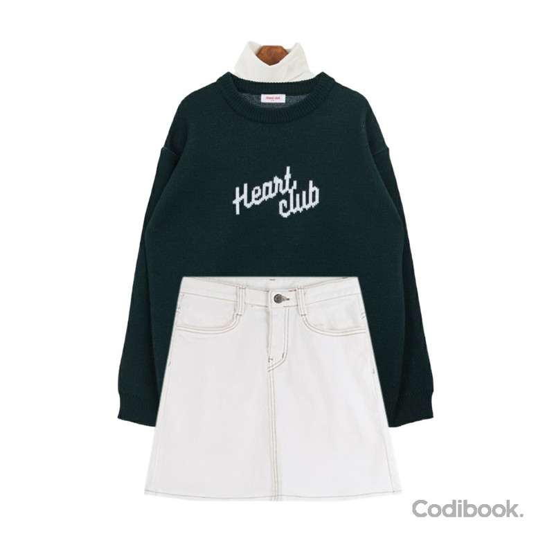 LINDA GIRLS 알렉사 스티치 스커트 (5color),MIXXMIX Heart Logo Knit,MINIBBONG 마벨 폴라티셔츠등을 매치한 코디