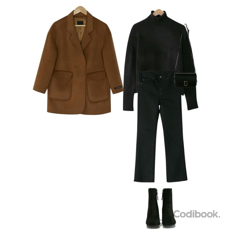BANHARU black semi boots cut pants,BANHARU [hand made] boy fit vintage wool coat,BANHARU drop shoulder rolling turtleneck knit등을 매치한 코디