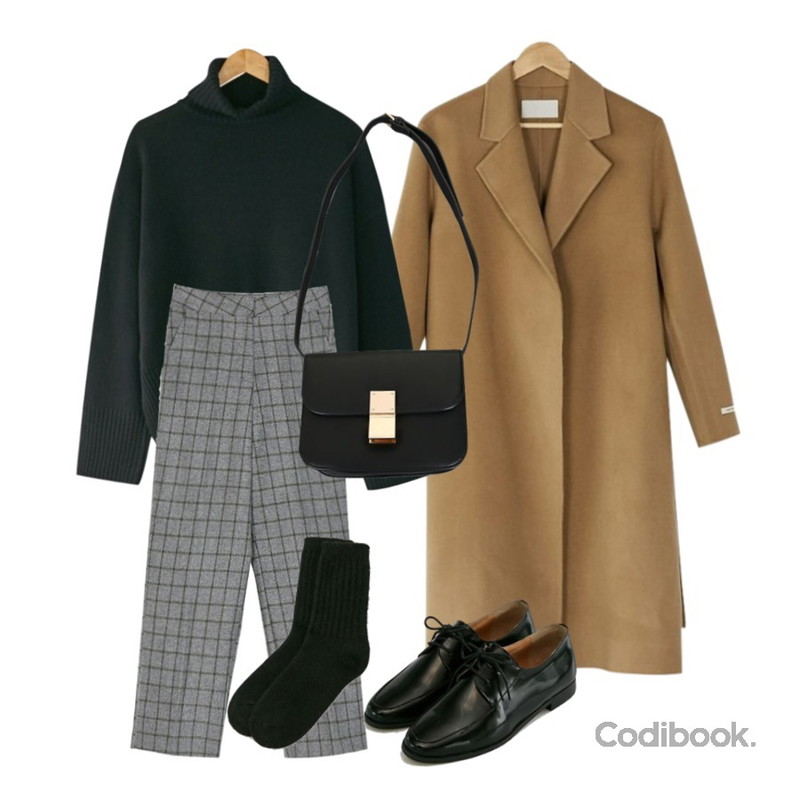 BANHARU unbalance hem turtle knit,BANHARU [hand made] basic soft wool coat,BANHARU straight check slacks등을 매치한 코디
