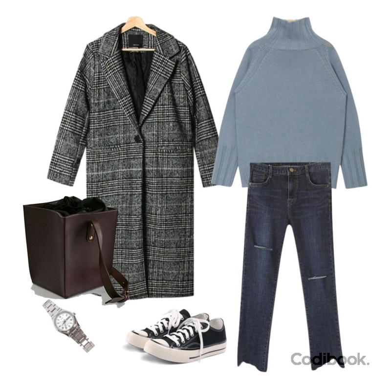Reine 베르미 컷팅 데님 팬츠,AIN issue turtle neck wool knit,MASHYELLOW [이벤트 특가] 울렌 누빔 체크 롱 코트등을 매치한 코디