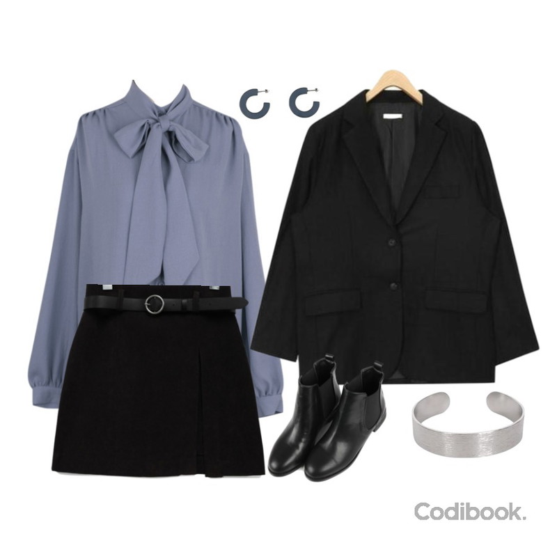 AIN classic two button jacket,BANHALA [은지 PICK] 줄리아 블라우스_,common unique [SKIRT] SOFT BELT SET SKIRT등을 매치한 코디