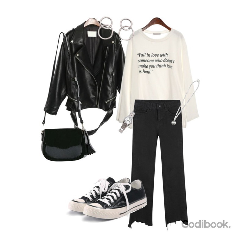ROCOSIX crush rider jacket,BANHALA [기솔 PICK] 쥬드 코튼 팬츠_,ROCOSIX simple lettering T-shirts등을 매치한 코디