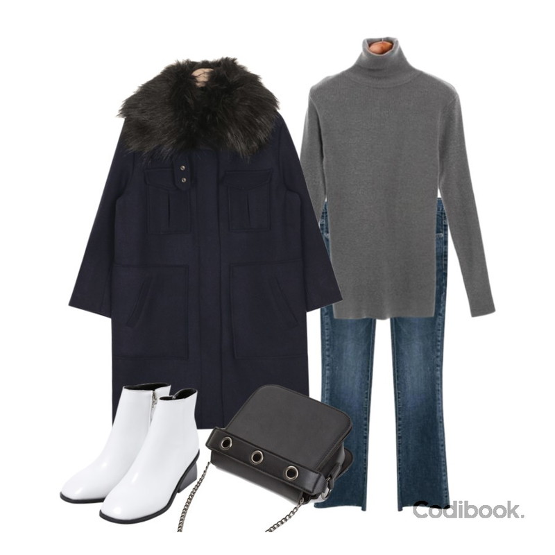 AIN fur collar pocket detail coat (2 colors),Zemma World Partner-세미부츠컷팬츠[size:S,M,L / 1color],ROCOSIX golgi highneck knit등을 매치한 코디