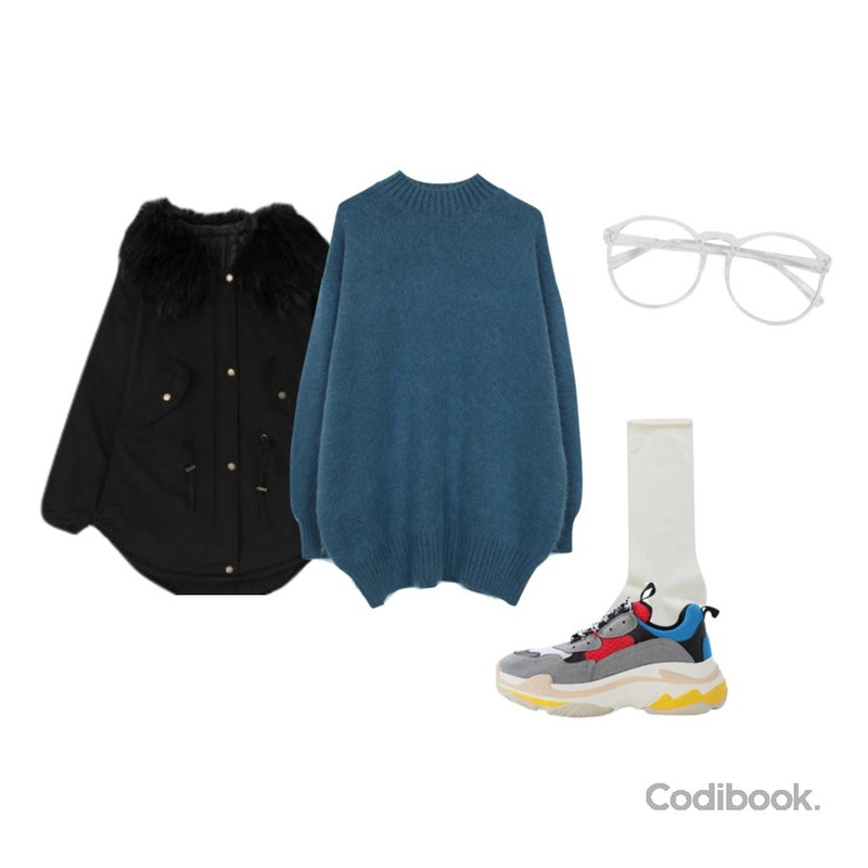 TWEE Color roll socks,MIXXMIX 라쿤 후드 점퍼,biznshoe Angora mini one-piece (4color)등을 매치한 코디