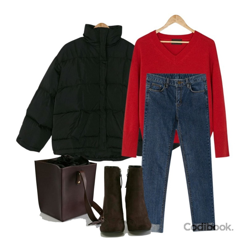 BANHARU square cut straight jean,BANHARU basic duck down padding jumper,BANHARU retro wool knit등을 매치한 코디