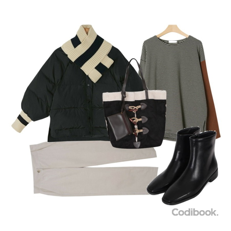 GIRL WARS 콤비 스트라이프 티셔츠,Zemma World Apparel-코듀로이팬츠[size:S,M / 2color],BANHARU boxy fit warmer set padding jumper등을 매치한 코디