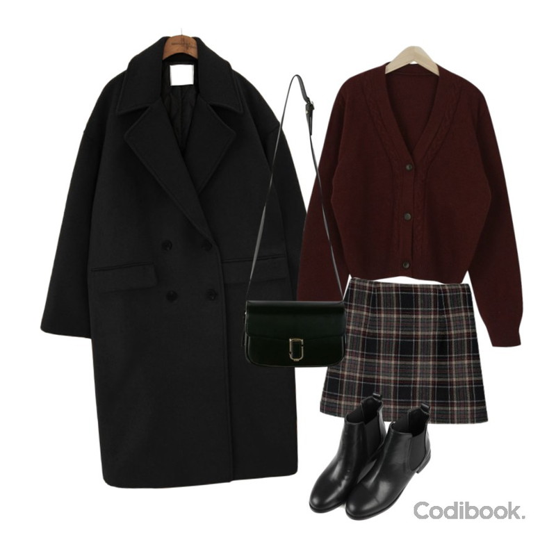 myblin 꽈배기 라인 울 가디건 (4color),common unique [OUTER] DAMNED WOOL DOUBLE LONG COAT,MIXXMIX 조이 체크 스커트등을 매치한 코디