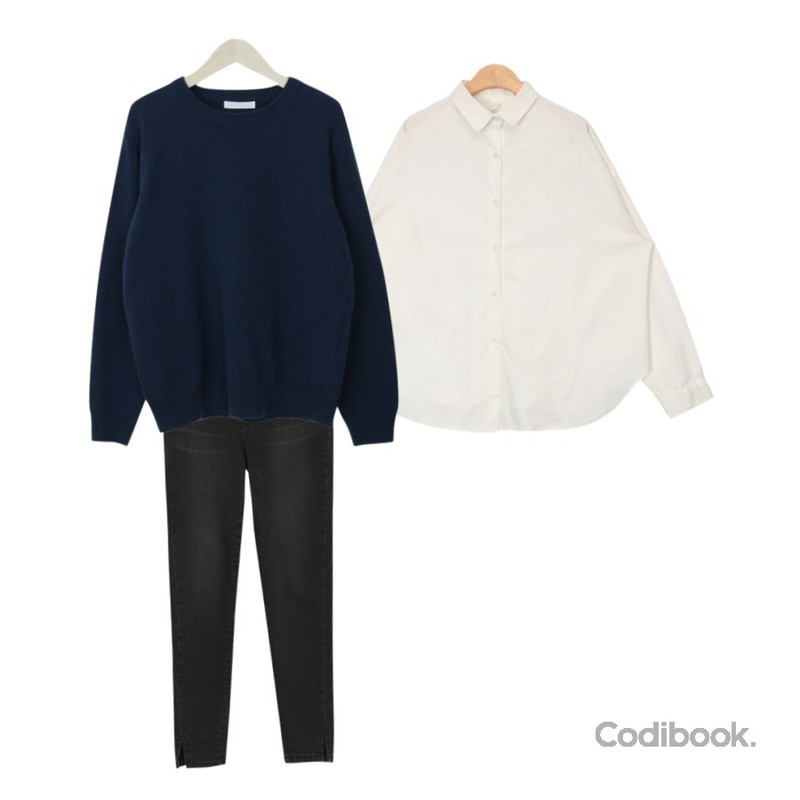 AIN roco colorful cotton shirts,AWAB (예쁘진)엔진트임스키니,myblin 울캐시 라운드넥  니트 (4color)등을 매치한 코디
