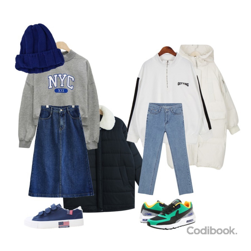 TODAY ME [jumper]델핀 패딩 점퍼,myblin 덕다운 후드 패딩 (4color),LINDA GIRLS NYC 크롭 맨투맨 (3color)등을 매치한 코디
