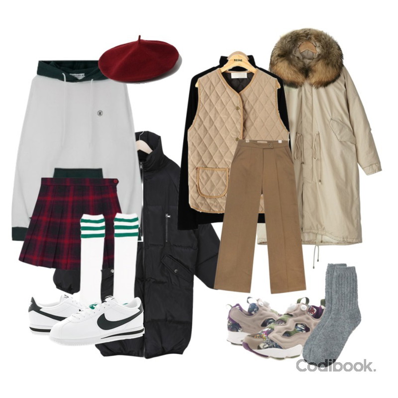 myblin 빅 카라 롱 패딩,MIXXMIX 메이슨 체크 테니스 스커트팬츠,MIXXMIX colorblock hoodie등을 매치한 코디