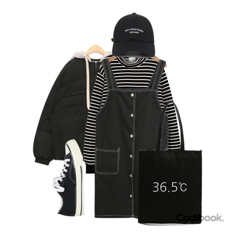 common unique [OPS] STITCH COTTON OVERALL OPS,From Beginning Woody stripe pola T_K (size : free),AIN shu hood padding등을 매치한 코디