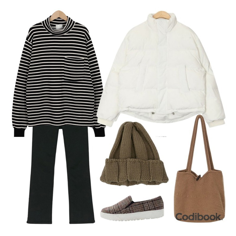 From Beginning Woody stripe pola T_K (size : free),AIN refreshing basic padding,BANHARU napping slim boots-cut pants등을 매치한 코디