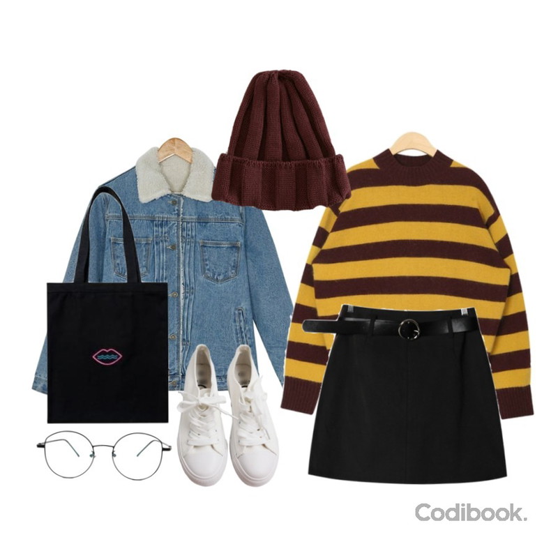BANHARU boucle washing denim jacket,MASHYELLOW [이벤트 특가] 벨트SET 코튼 스커트,AIN honeybee wool knit등을 매치한 코디