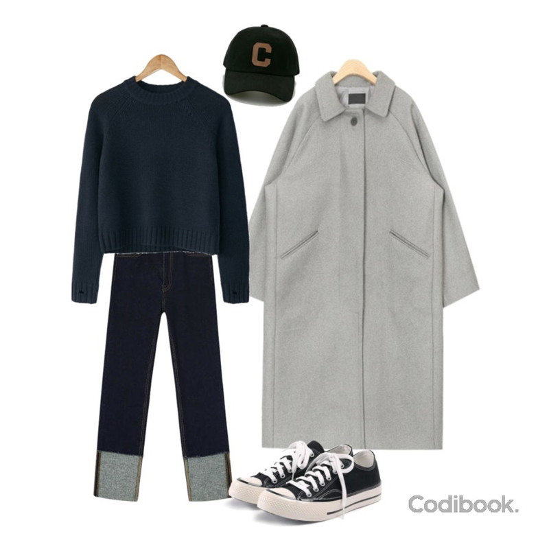 Reine 포메라 롤업 스트레이트 기모 데님 팬츠,AIN plain raglan wool coat,BANHARU raglan sleeve warmer knit등을 매치한 코디