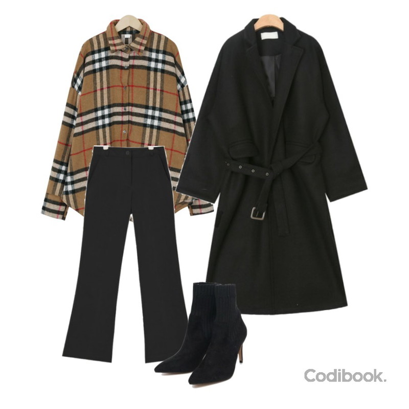 From Beginning Paul check boxy shirts_M (size : free),AIN glossy belt set wool coat,AIN milky semi boots long slacks (s, m)등을 매치한 코디