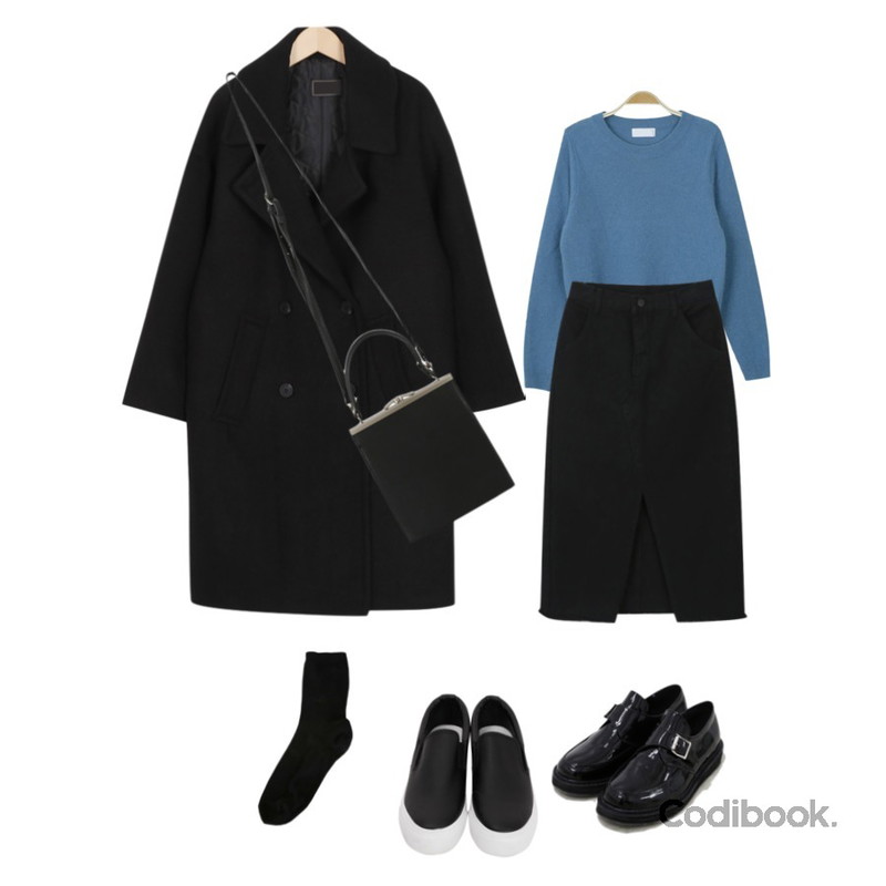 myblin 베이직 앙고라 니트 (14color),myblin 롱 삼각트임 스커트,From Beginning Standing double coat_M (size : free)등을 매치한 코디