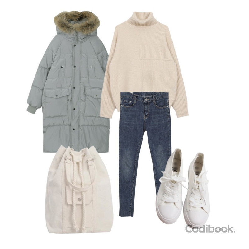 AWAB 커널기모슬림스키니,myblin 모노 라쿤후드 패딩,biznshoe Wool turtle knit (4color)등을 매치한 코디