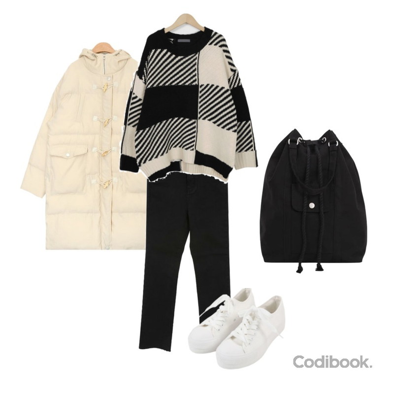 Zemma World (ZEM.made) Cheese black jean (ver.밴딩-일자컷)[size:S,M,L,XL / 1color],From Beginning Two-tone chess knit_H (size : free),AIN snowy duffle padding등을 매치한 코디