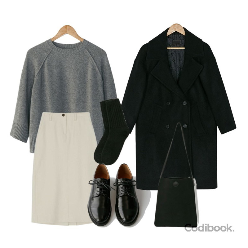BANHARU minimal banding midi skirt,BANHARU wool raglan sleeve knit,BANHARU understated classic loafer등을 매치한 코디