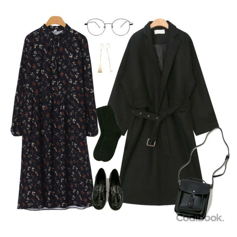 OBBANG STYLE 스트롭플라워원피스,BANHARU warm angora socks,AIN glossy belt set wool coat등을 매치한 코디