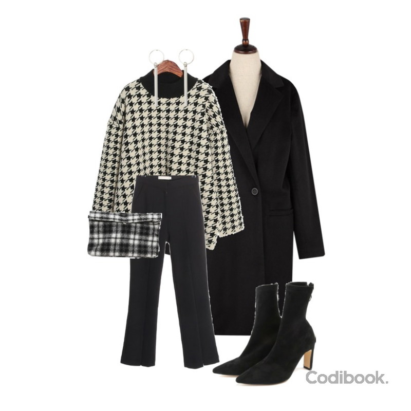 ABLY [made.B] 투버튼 롱 코트,ROCOSIX corte tooth check wool knit,ROCOSIX zipper boots cut slacks PT등을 매치한 코디